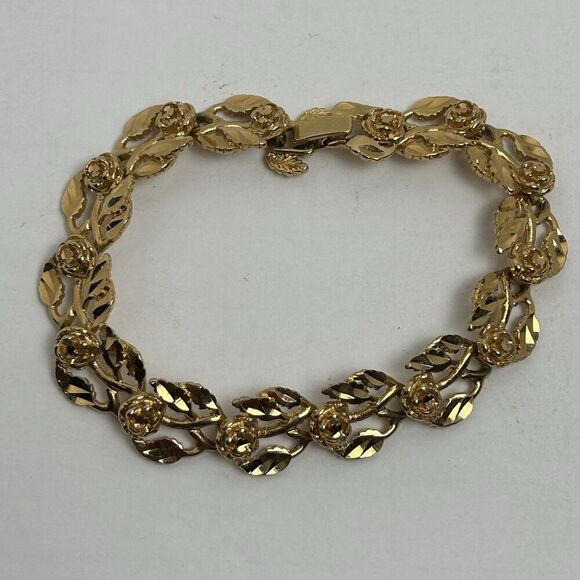 Vintage Gold Tone Leaf Floral/Roses Link 8” Bracelet - Picture 1 of 6